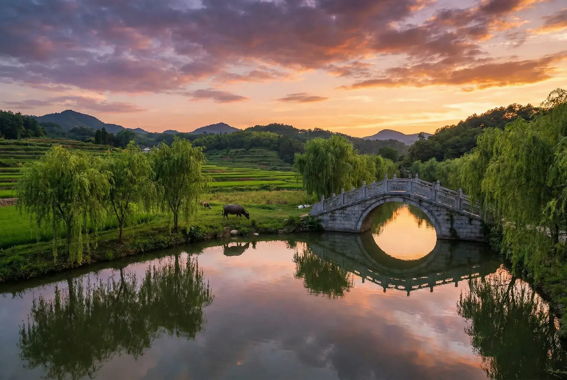夕阳下的石拱桥与垂柳，水牛在河边吃草 - 十分钟免费高清大全视频韩国 乡村美景